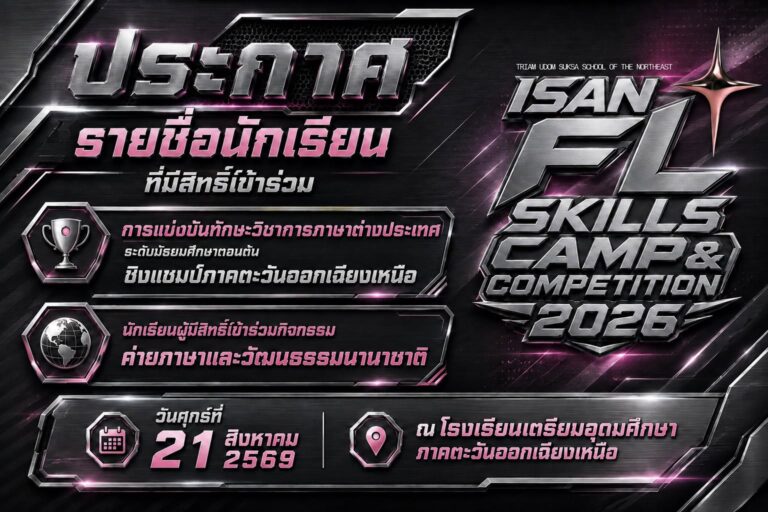 ประกาศรายชื่อผู้มีสิทธิ์เข้าร่วมกิจกรรมค่ายภาษาและวัฒนธรรมนานาชาติและการแข่งขันความสามารถทางภาษาต่างประเทศ ระดับมัธยมศึกษาตอนต้น ชิงแชมป์ภาคตะวันออกเฉียงเหนือ