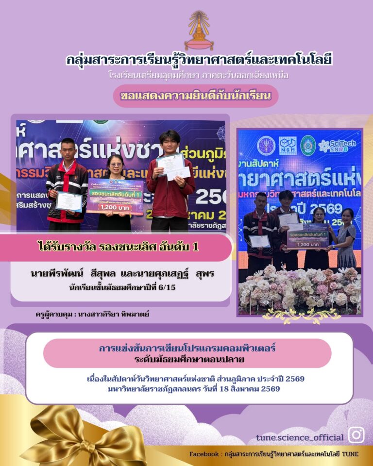 กลุ่มสาระวิทยาศาสตร์และเทคโนโลยี นำนักเรียนเข้าแข่งขันสัปดาห์วิทยาศาสตร์ฯ เมื่อวันที่ 18-20 สิงหาคม 2569 ณ มหาวิทยาลัยราชภัฎสกลนคร